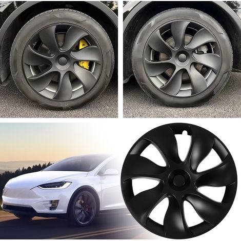 (T04) (Video verfügbar) 4 mattschwarze Radkappen für 19-Zoll-Felgen des Tesla Model Y (2020–2023) (Cyclone-Design, markenlos), asymmetrisches Design (1/5)