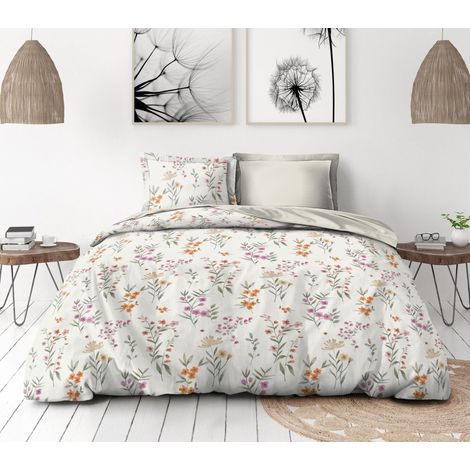 Parure de Couette 240x260 cm 3 pièces Percale de Coton Douce Housse + taies Blanc cassé Modèle La flamboyante (1/5)