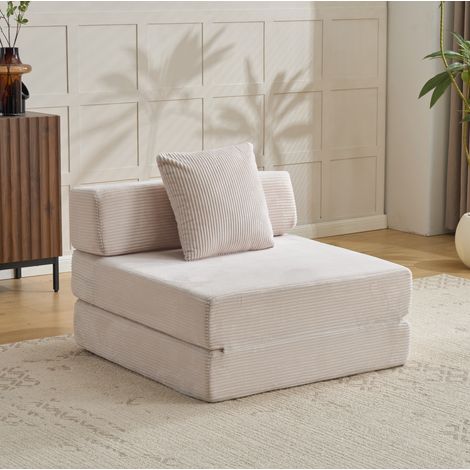 Sofá cama plegable de suelo individual de pana blanca con cojín y respaldo (1/5)