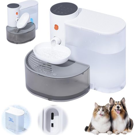 Fuente de agua para gatos, capacidad de 3 litros, fuente de agua inalámbrica silenciosa con temporizador y control de volumen de agua, fuente de agua automática para gatos/perros, proporciona agua en (1/5)