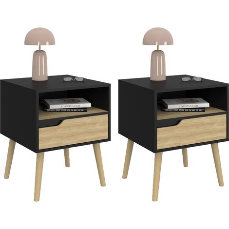 Idmarket – Lot de 2 tables de chevet scandinaves 1 tiroir – Niche noire – Effet hêtre – Dimensions 40x40x50cm – Pieds en bois fuselés 22.5cm