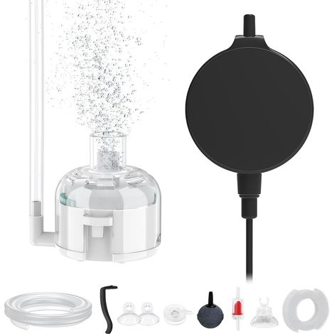 Pompe à Air Aquarium, Ultra-Silencieuse 30 DB, Mini Pompe à Air Aquarium avec Buse de Pulvérisation Fine, 1M Tuyau, Pierre à Air, Clapet Anti-Retour, Ventouse pour Aquarium Jusqu'à 60 L (1/5)