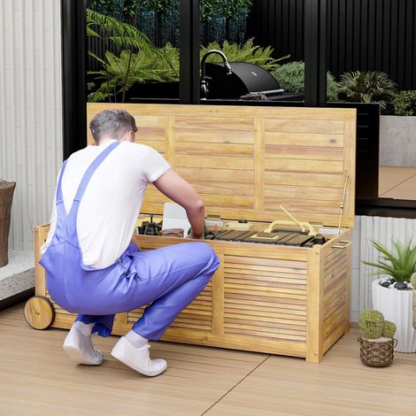 Coffre de Rangement en Bois d'Acacia 182 L Housse Imperméable 2 en 1 Coffre Jardin avec 2 Roulettes Poignée Latérale pour Terrasse Balcon (1/2)