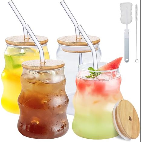 Ribbed Cocktail Glasses with Lid and Glass Straws for Water, Cocktails, Juice, Smooth Ribs (1/5)