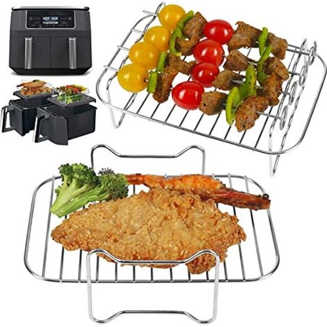 Grilles pour friteuses à air chaud à deux zones, grille de séchage en 2 parties avec 4 brochettes, accessoires en acier inoxydable pour griller et cuire au four (1/5)
