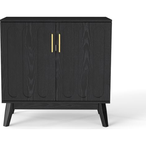 Buffet noir style mid-century en MDF, façades rainurées, étagères réglables et pieds en bois HOMVRA (1/5)