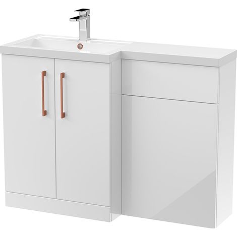 Balterley Left-Hand Bathroom Vanity and WC Unit Combination with Basin - 1100mm - Gloss White with Copper Handles