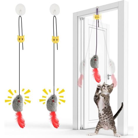 TuseRxln Jouet pour Chat - En Forme de Souris - Couinant avec Plumes et Élastique - 2 Pièces - Pour Aire de Jeux pour Chat Gris Blanc (1/5)