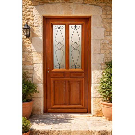 Puerta de entrada de madera con cristal Baya, H.215xL.90 cm, lado del tablero derecho, pomo, bombín, botÃ³n, GD MENUISERIES