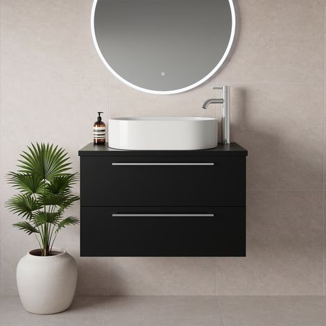 Napoli 390 Matt Black 800mm Wall Mounted 2 Drawer Vanity Unit for Countertop Basins - 800mm - Chrome 480mm Handle