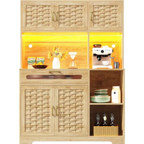 Buffet salon avec LED 120×40×180cm Armoire haute Naturel avec 6 portes tissées + 3 tiroirs - Pour salle à manger ou bar- MDF -Naturel (1/5)