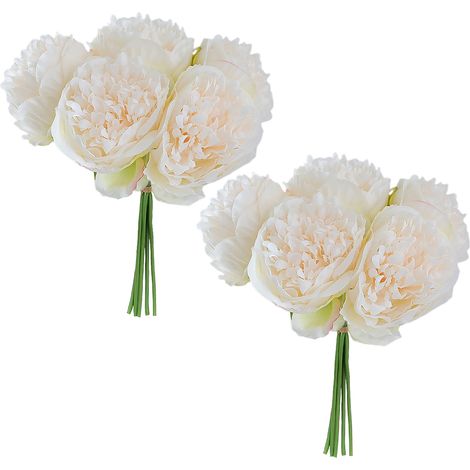 【Blanc laiteux (Lot)】Lot de 2 pivoines artificielles à 5 têtes, assemblées à la main, pour la décoration intérieure et les mariages. (1/3)