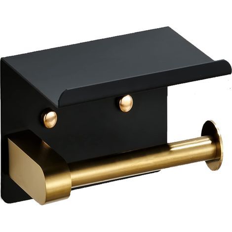 Portarrollos de papel higiénico con estante: portarrollos de papel higiénico autoadhesivo de pared, resistente a la corrosión, para baño, color negro y dorado. (1/5)