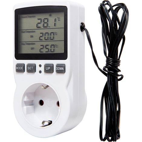 Termostato programable enchufable con sensor externo, de -40 °C a 120 °C, pantalla LCD, bloqueo de memoria, 3680 W para invernadero. (1/5)