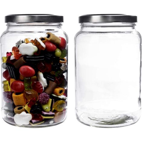 Lot de 2 bocaux de conservation en verre de 1,7 l avec couvercle à visser et étiquettes (argenté) (1/5)