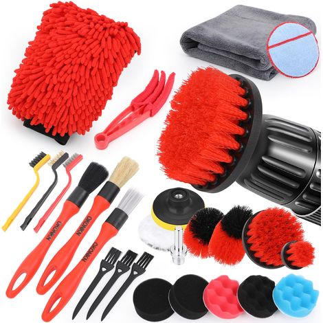 Kit de nettoyage de voiture - Embout brosse et embout de polissage pour visseuse sans fil - Brosse pour jantes - Kit complet pour l'entretien de la voiture (1/5)