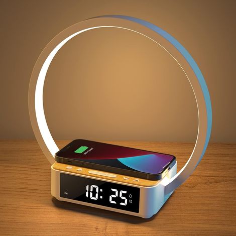 Lámpara de noche LED con 1 luz, cargador inalámbrico, 3 niveles de brillo, función táctil USB, despertador integrado, ideal para la oficina o el dormitorio. (1/5)