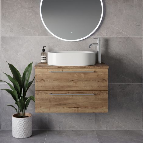 Napoli 390 Tobacco Oak 800mm Wall Mounted 2 Drawer Vanity Unit for Countertop Basins - 800mm - Chrome 480mm Handle