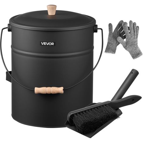 Seau à cendres, 4 pièces, seau à charbon de bois et cendrier en métal avec couvercle, pelle, balai et gants, grande capacité de 15 L pour cheminée, foyers, poêles à bois, intérieur et extérieur (1/5)