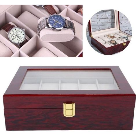 Boîte de rangement de montre de fenêtre transparente en bois à 10 grilles (rouge) HB024-Ywey (1/3)