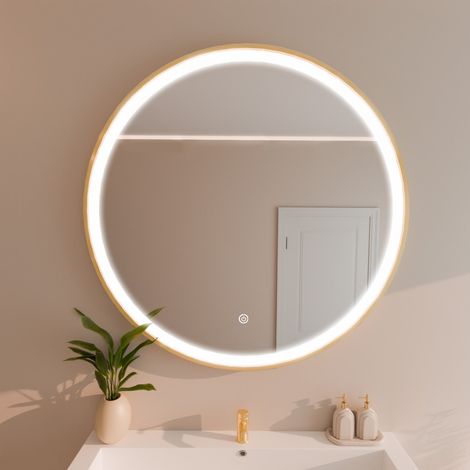 LOMAZOO Miroir de Salle de Bain Rond Doré 100cm - Lumineux LED