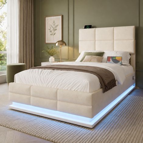 Cama con almacenaje 90x200 cm en terciopelo beige, cabecero regulable, LED, USB/Type-C HAVRYA (1/5)