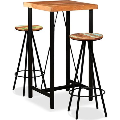 Ensemble Table de bar + 2 Chaises de bar - Table Haute avec 2 Tabourets Bois d'acacia massif et de récupération BV393608 - BonneVie (1/5)