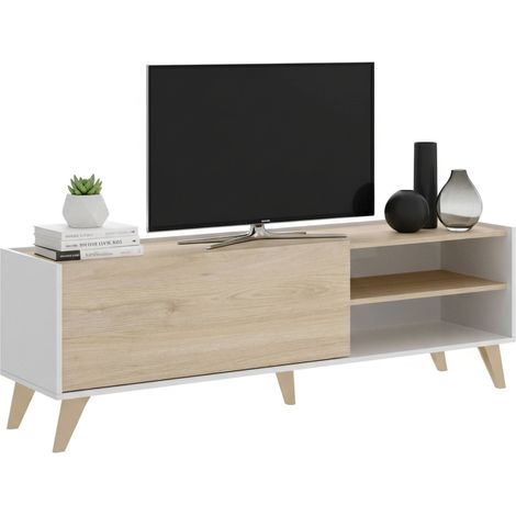 Dmora - Mobile porta TV Allesia, Credenza bassa da soggiorno, Madia da salotto per televisione, 155x43h47 cm, Rovere e Bianco