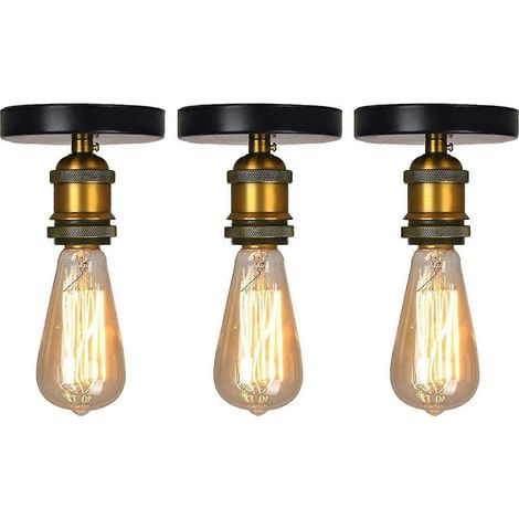 3x Plafonnier industriel avec douilles métalliques E27, style Edison, laiton antique (1/5)