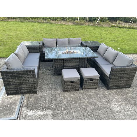 Fimous Outdoor Rattan Garden Corner Furniture Gas Fire Pit Table Gas Heater Sets Side Tables Small Footstools Dark Grey 11 Seater