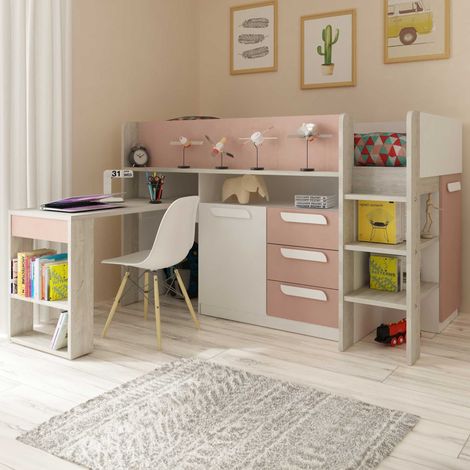 Lit combiné 90 x 200 cm - Avec bureau et rangements - Rose, naturel et blanc - LOUKALA (1/5)