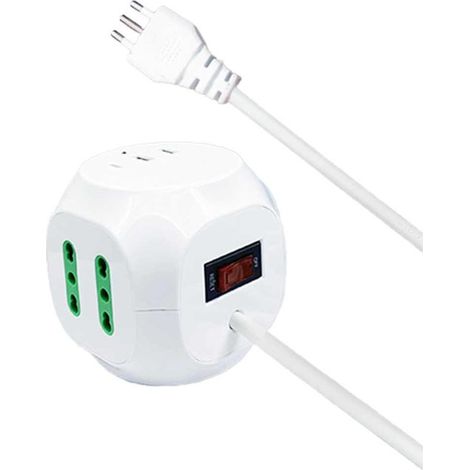 Multipresa Cubo 8 Posti 4 Prese 10/16A + 1 Presa Bipasso Schuko + 2 USB + USB C 3.0 con Interruttore Spina 10A Cavo 1.5m Bianco