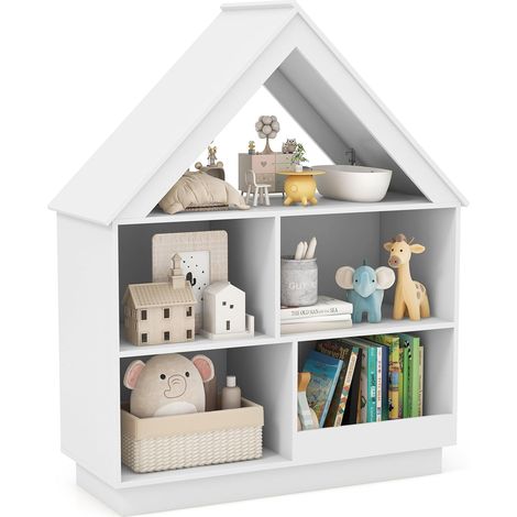 GOPLUS Bibliothèque Enfant à 3 Niveaux, Meuble de Rangement Enfant en Forme de Maison avec 5 Étagères Ouvertes, Kit Anti-Basculement, Charge 110KG, pour Chambre Salon (Blanc) (1/5)