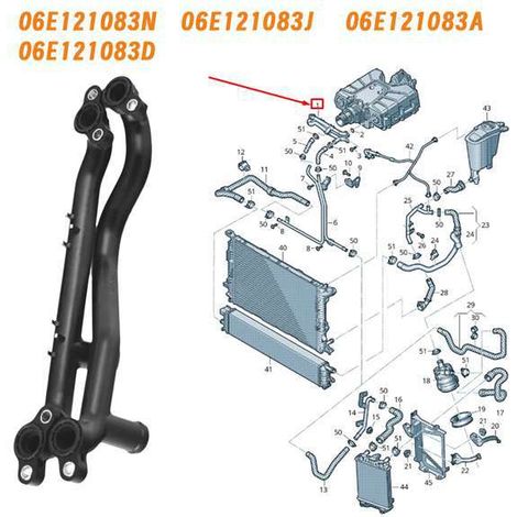 Die Teilenummern 06E121083J, 06E121083A und 06E121083D sind für Kühlwasserschläuche der Audi-Modelle A4, A5 und A6 geeignet. (1/4)