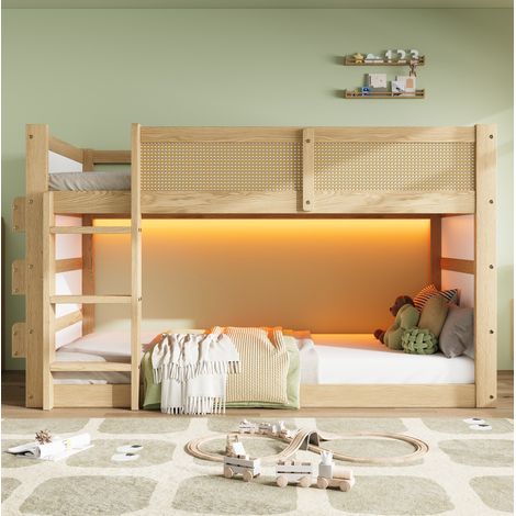 Cama altillo 90x200 cm - Con LED - Con escalera 3 peldaños - Con 3 estantes - En madera - Natural y blanco (1/5)