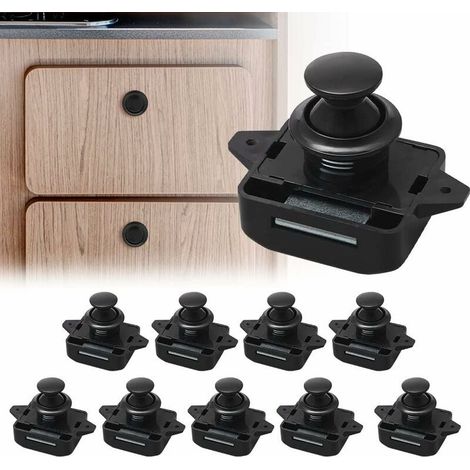 Confezione da 10 serrature a pulsante per armadietti, chiusure senza chiave, chiusure a pulsante regolabili per spessori da 15 a 18 mm, ideali per barche, furgoni e yacht. (1/5)