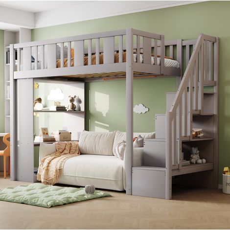 Lit mezzanine 90x200 avec rangements gris OKMYHOME (1/5)