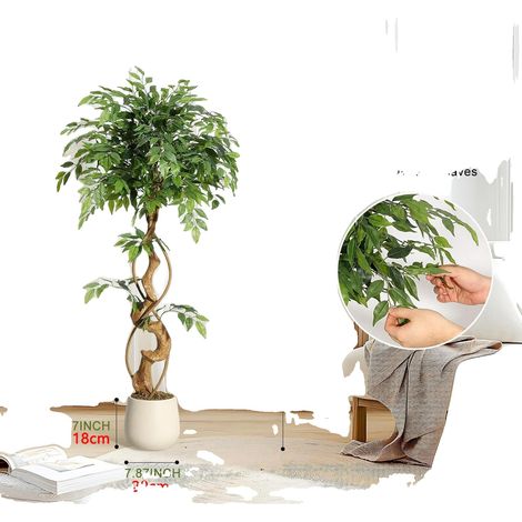 Arbre Ficus Artificiel, Tronc Courbé, Pot Blanc, Hauteur (1/2)