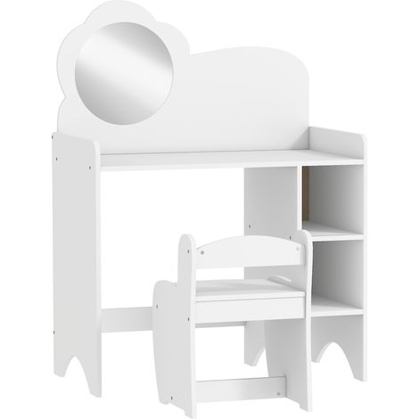 2-in-1-Schminktisch für Mädchen mit Hocker, Spiegel und offenen Regalen, für Kinder ab 3 Jahren, weiß (1/5)