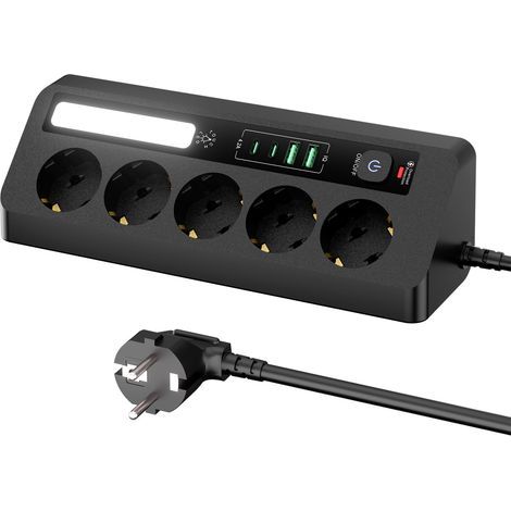 5-fach Steckdosenleiste für den Schreibtisch mit 4 USB-Anschlüssen (2 USB-A + 2 USB-C), LED-Anzeige, Winkelstecker mit Schalter und 2 m Kabel, ideal für Büro und Zuhause – Schwarz (1/5)