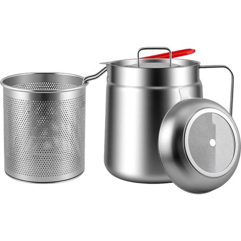 Friteuse 2 en 1 en acier inoxydable (avec panier-filtre à huile), filtre à huile alimentaire 304 de 2 L et récipient de rangement argenté. (1/5)