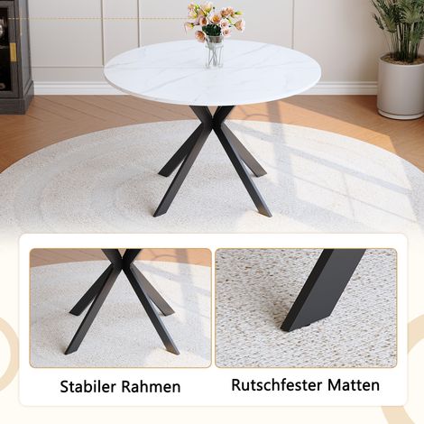 Table à manger ronde moderne avec aspect marbre blanc en MDF – cadre en X noir,table de salle à manger pour cuisine et salon,diamètre de 110 cm