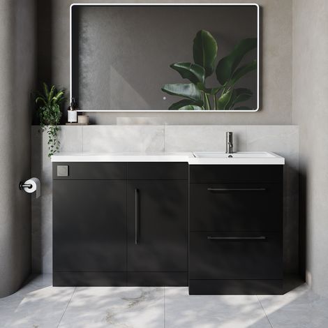Napoli 390 Matt Black 1500mm 2 Drawer Vanity Unit Toilet Suite with Right Hand Square Lucia Basin - 1500mm - Gunmetal Grey 320mm HandleWithout Kingston Toilet Pan