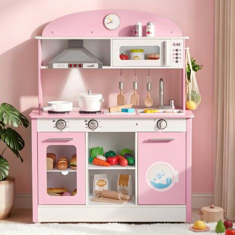 Cuisine en Bois Enfant, Cuisine de Jeu pour Enfants avec Lumières et Sons, Aliments et Ustensiles, Micro-ondes, Lave-Vaisselle et Hotte Aspirante, Jouet d'Imitation Filles Garçons 3-8 Ans, Rose (1/5)