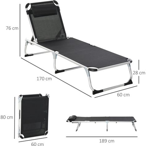 Transat de jardin, réglable en 5 positions, pliable, ergonomique, en tissu mesh, noir, 170 x 60 x 76 cm, pour des moments de détente en plein air.