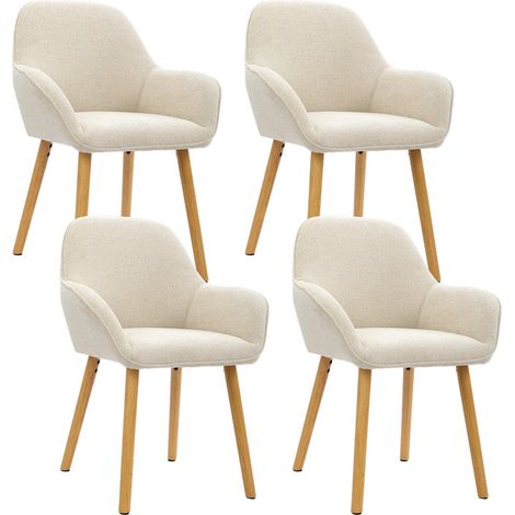 GOEURVANT - Chaise de salle à manger - Lot de 4 Crème Chenille - Fauteuil de repas - Rembourré - Avec accoudoirs - Ergonomique - Pieds en bois (1/5)