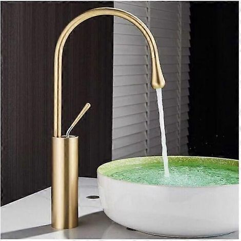 Vasque à robinet en or brossé, bec allongé à arc élevé avec design en col de cygne, embout décoratif rond en bronze en forme de larme. (1/5)