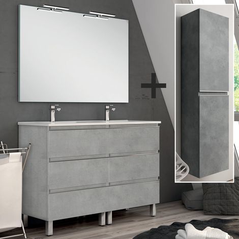 Ensemble meuble de salle de bain 120cm double vasque + colonne de rangement - ciment (gris) - PALMA (1/5)
