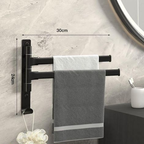 Black rotating wall-mounted aluminum towel rack with 2 bars for bathroom (1/2)