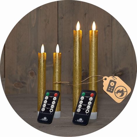 Coffret rentable bougies coniques LED avec minuterie petite + grande OR 4 pièces OR intérieur - 6 heures - VRAIE CIRE 18cm + 23cm hauteur pour
